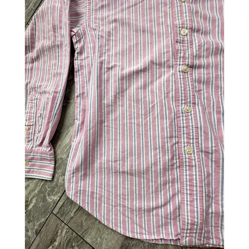 Ralph Lauren Boys Size M 12/14 Pink Blue Striped Oxford Button Down Shirt